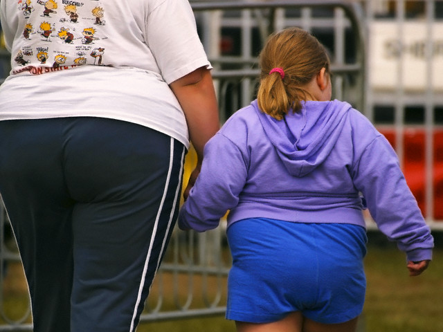 Lancaster, New Hampshire, USA --- A overweight mother holding the hand of her obese daughter at the Lancaster County Fair in Lancaster, New Hampshire. The World Health Organization has formally recognized a global epidemic of obesity since 1997. The United State has the highest rates of obesity in the developed world. --- Image by © Frank Siteman/Science Faction/Corbis
